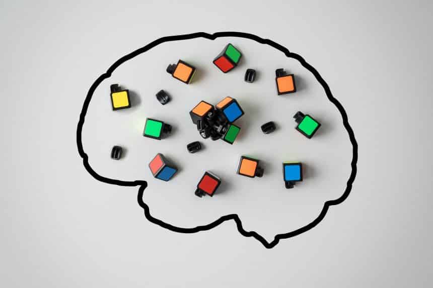 Concept of mental health. Silhouette of a human brain with a broken conundrum on a gray background.