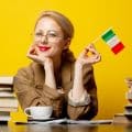 blonde woman with flag of Italy and books on yellow background