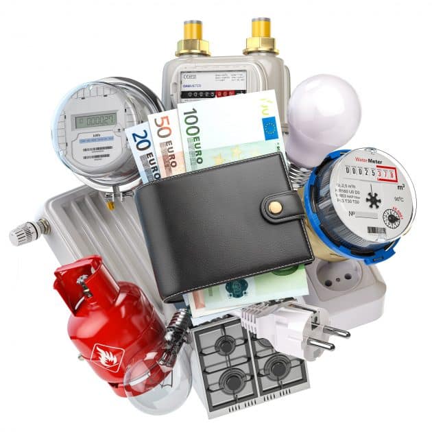 Utility costs concept. Wallet with euro and home appliances that consume energy.