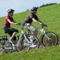 Germany, Bavaria, Man and woman riding electric bicycle