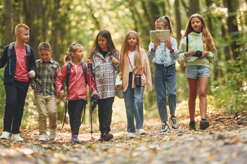 Walking together. Kids in green forest at summer daytime