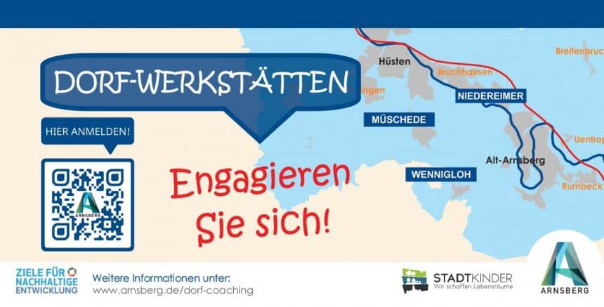 
Die Stadt Arnsberg lädt jetzt zum Dorfcoaching-Prozess ein. Die Anmeldung zu den Werkstätten in den Dörfern ist mit Anmelde-QR-Code unkompliziert möglich.