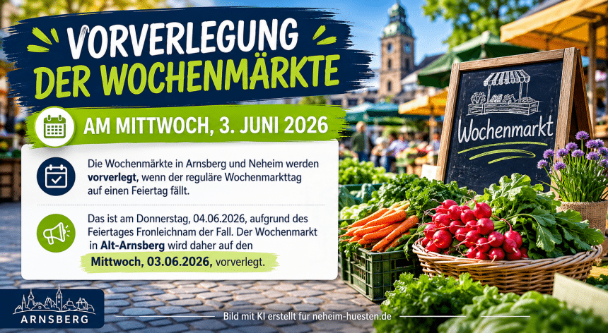 Wochenmarkt mit frischem Gemüse und Marktständen in Arnsberg – Hinweis auf die Vorverlegung des Wochenmarkts wegen Fronleichnam am 3. Juni 2026