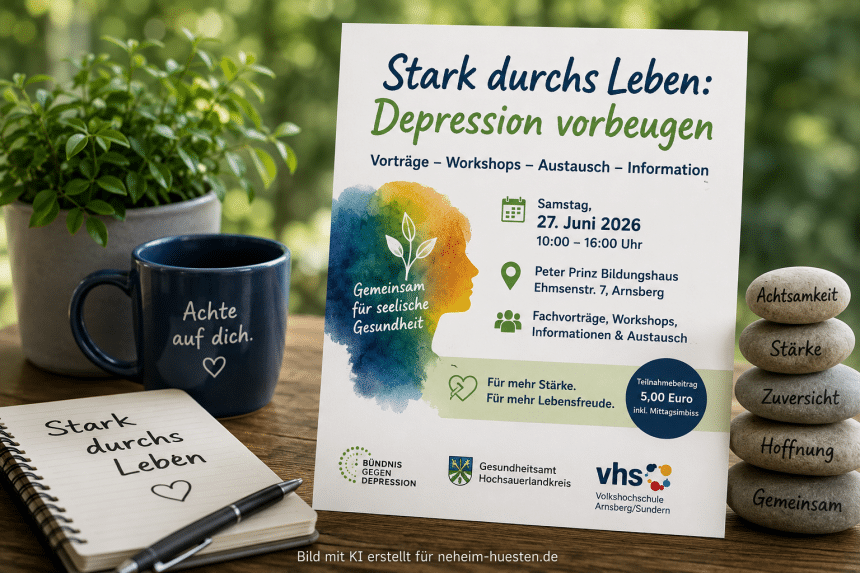 Informationsplakat zur Veranstaltung Stark durchs Leben: Depression vorbeugen in Arnsberg mit ruhiger Wellness- und Achtsamkeitsatmosphäre