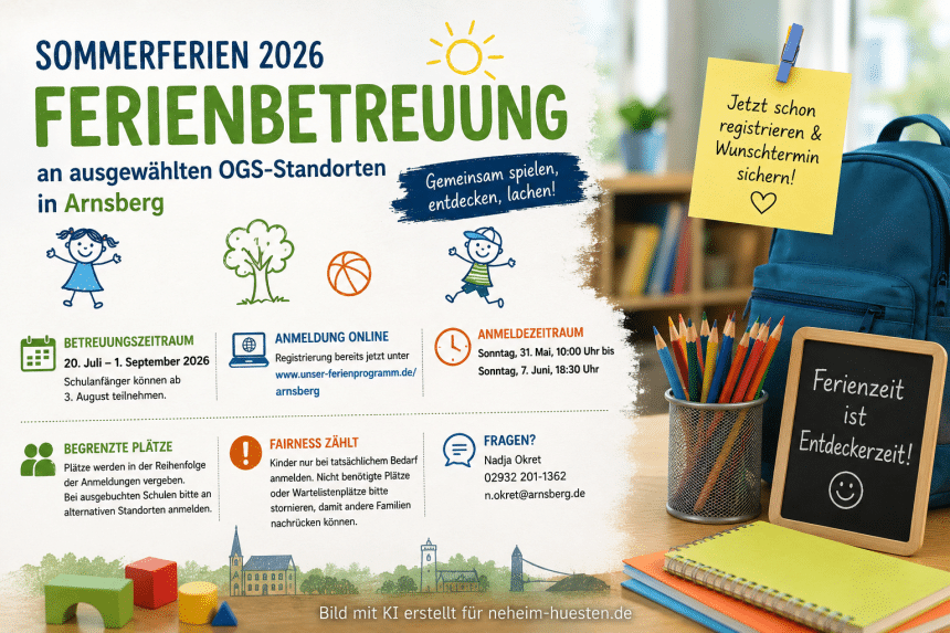 Informationsgrafik zur Ferienbetreuung der Offenen Ganztagsschulen in Arnsberg während der Sommerferien 2026 mit kinderfreundlicher Gestaltung und Hinweisen zur Online-Anmeldung