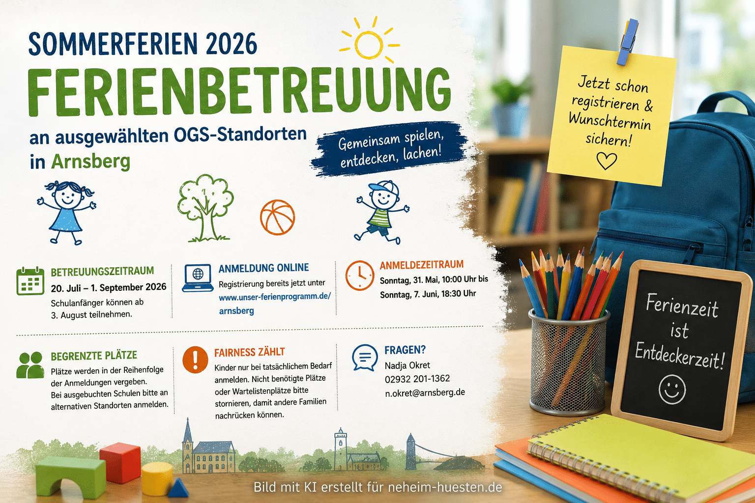 Informationsgrafik zur Ferienbetreuung der Offenen Ganztagsschulen in Arnsberg während der Sommerferien 2026 mit kinderfreundlicher Gestaltung und Hinweisen zur Online-Anmeldung