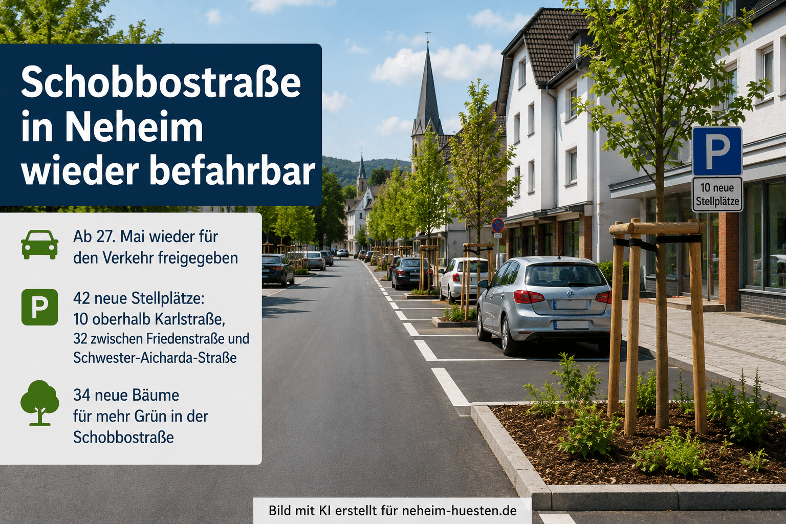 Artikelbild zur wieder befahrbaren Schobbostraße in Neheim mit neuen Stellplätzen und neu gepflanzten Bäumen
