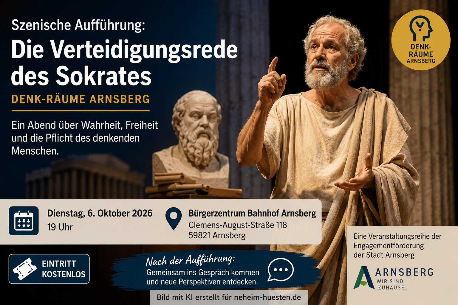 Artikelbild zur szenischen Aufführung Die Verteidigungsrede des Sokrates am 6. Oktober 2026 im Bürgerzentrum Bahnhof Arnsberg