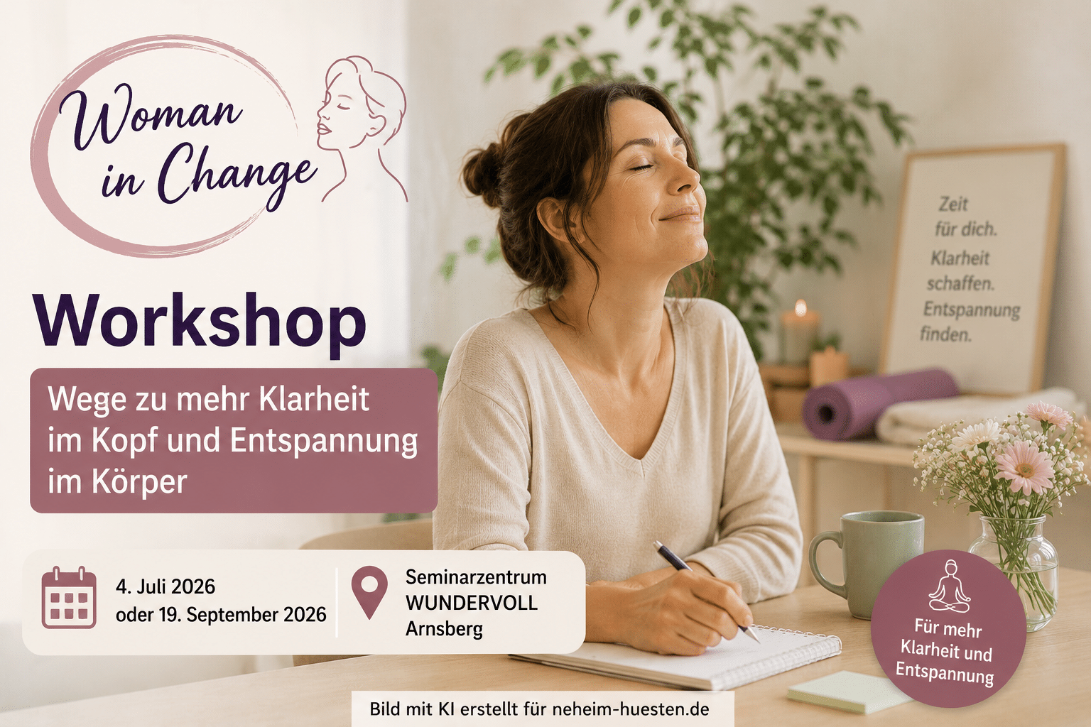 Artikelbild zum Workshop Woman in Change der Gleichstellungsstelle Arnsberg für mehr Klarheit im Kopf und Entspannung im Körper