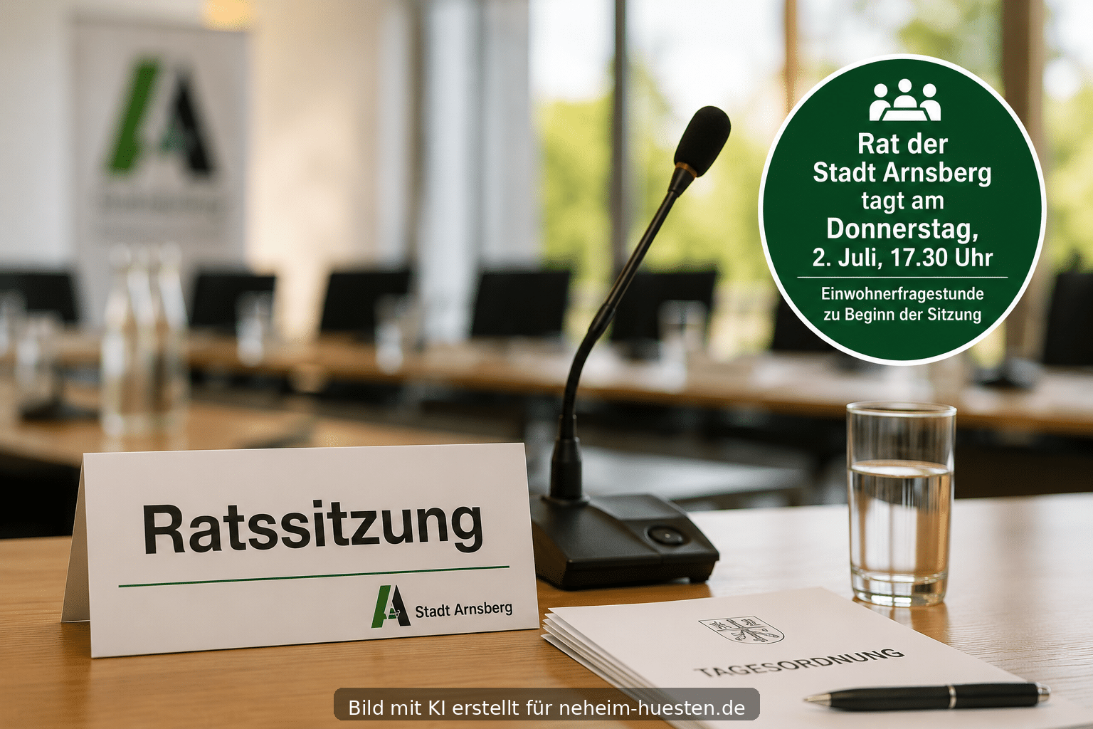 Symbolbild zu einer öffentlichen Ratssitzung der Stadt Arnsberg mit Mikrofon, Tagesordnung und Hinweis auf die Einwohnerfragestunde am 2. Juli.