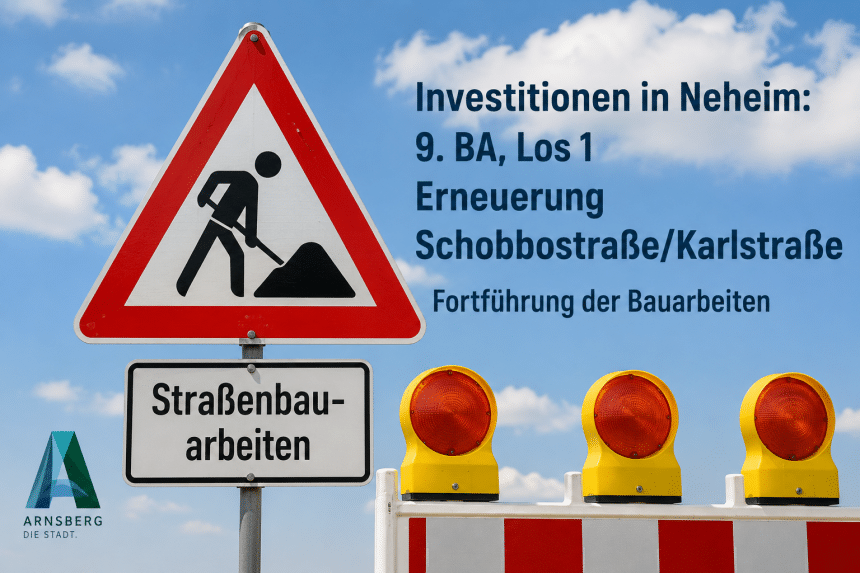 Grafische Darstellung eines Baustellenschildes mit Absperrbake zur Fortführung der Bauarbeiten an Schobbostraße und Karlstraße in Neheim.