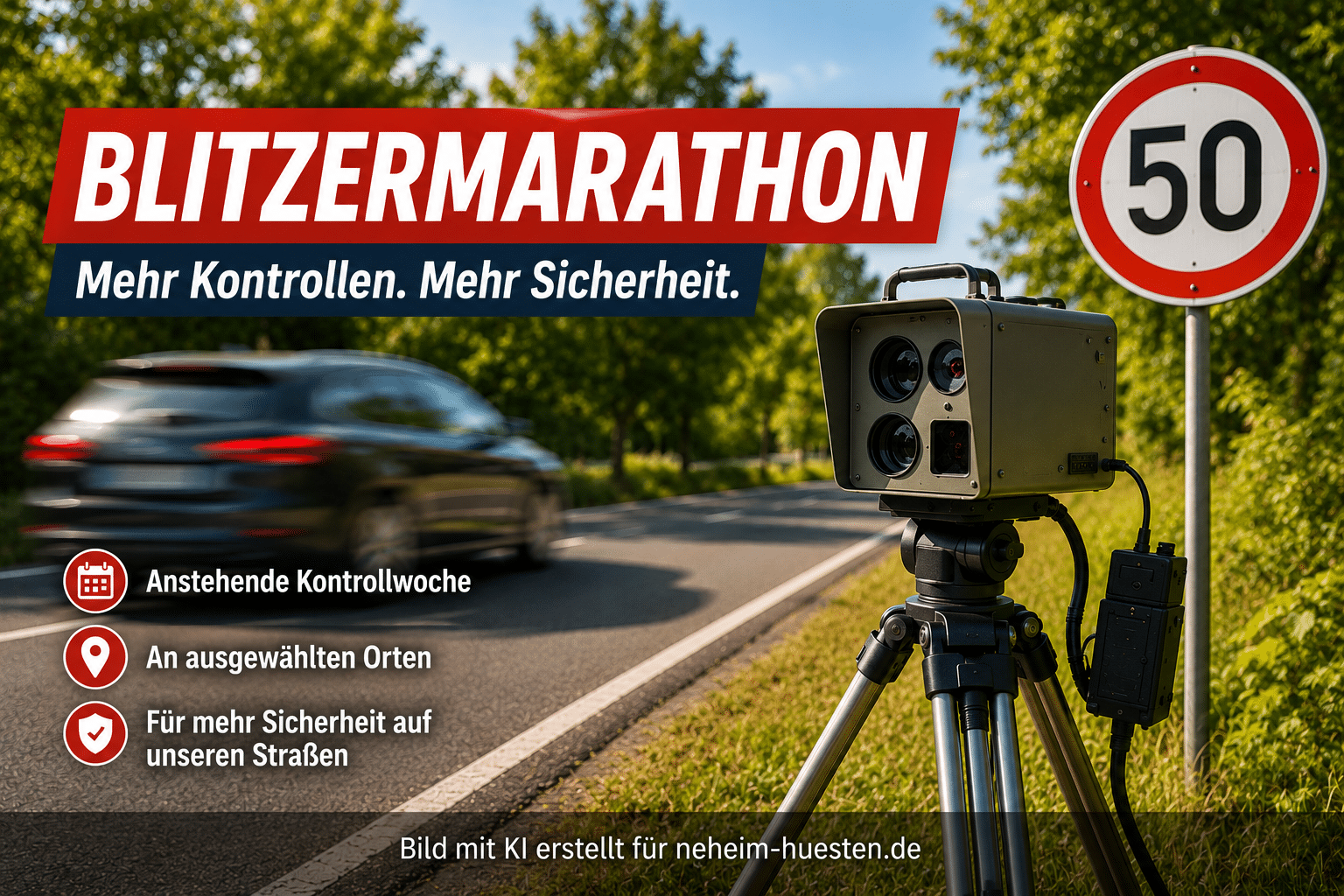 Artikelbild zum Blitzermarathon mit Geschwindigkeitskontrolle, Tempo-50-Schild und Hinweis auf Kontrollen an ausgewählten Orten