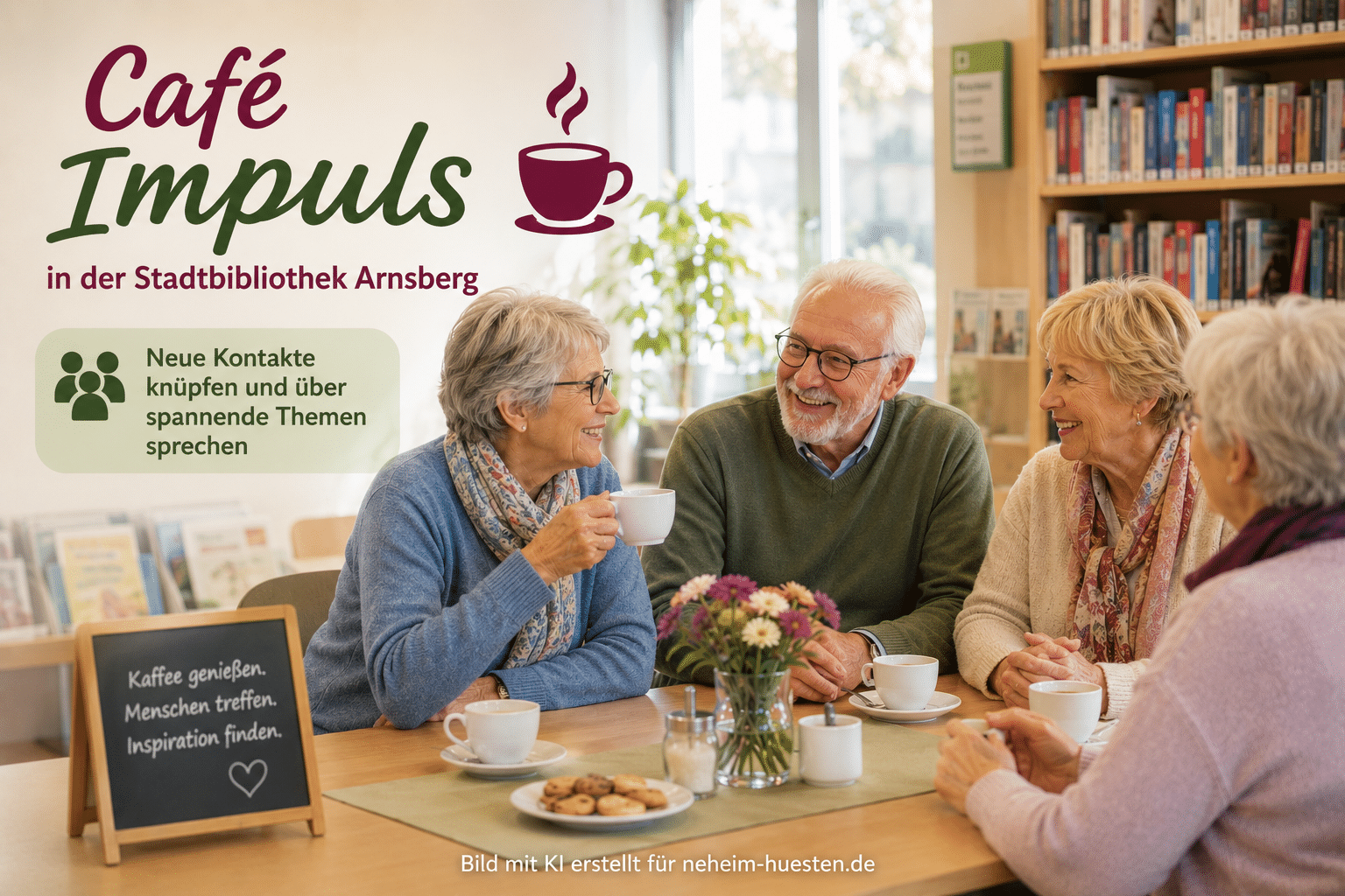 Seniorinnen und Senioren sitzen bei Kaffee und Gesprächen in der Stadtbibliothek Arnsberg beim Café Impuls