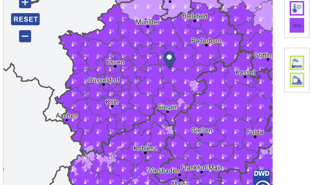Beitragsbild/Screenshot: Deutscher Wetterdienst (DWD), Warnseite für Arnsberg. Quelle: DWD, Lizenz: CC BY 4.0.