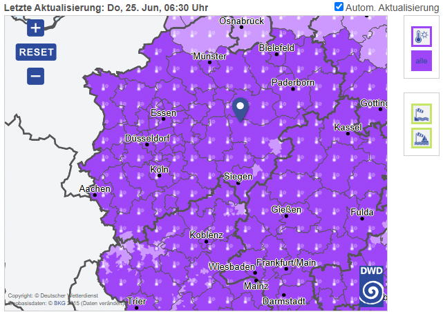 Beitragsbild/Screenshot: Deutscher Wetterdienst (DWD), Warnseite für Arnsberg. Quelle: DWD, Lizenz: CC BY 4.0.