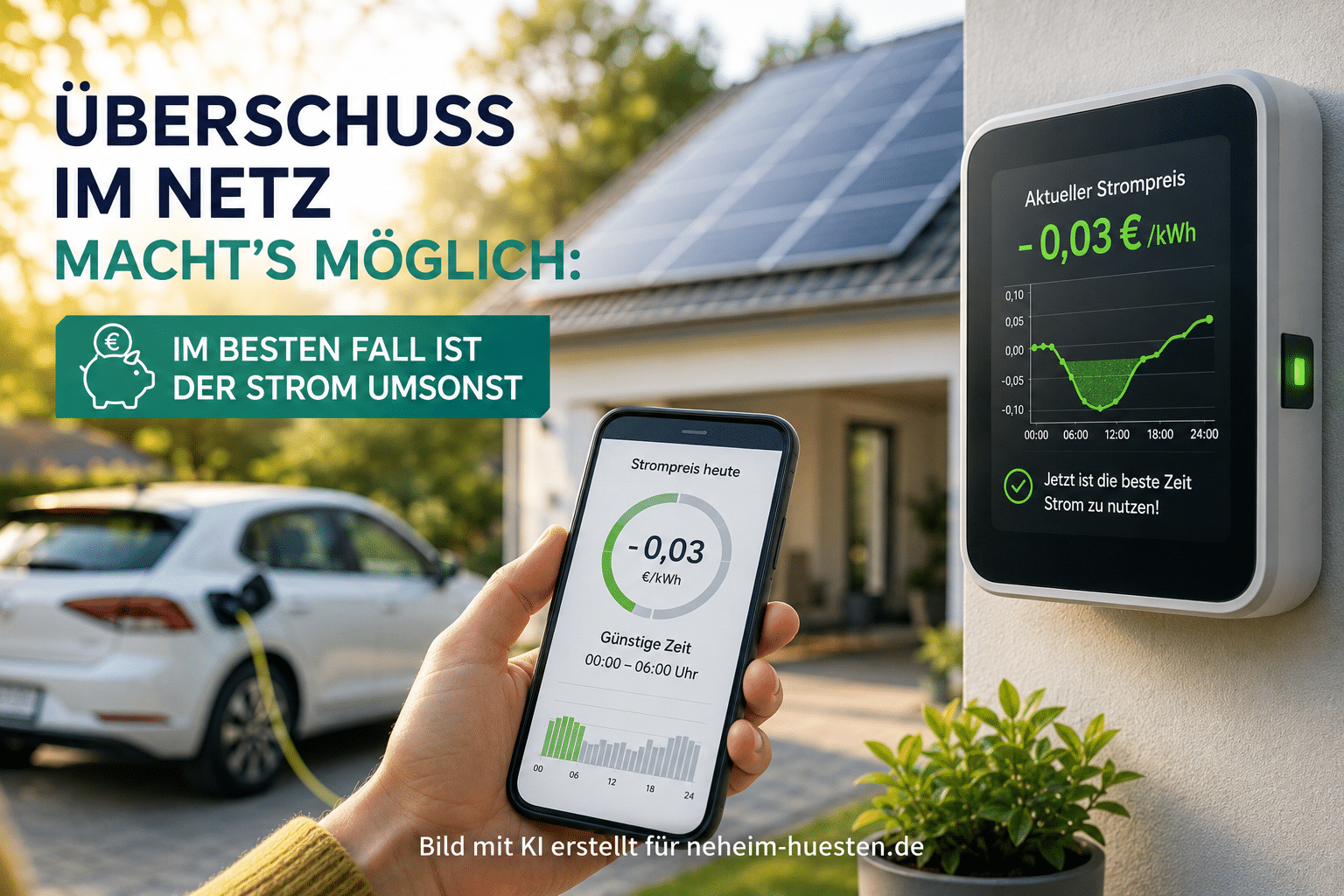 Smartphone mit Anzeige eines dynamischen Stromtarifs vor einem Haus mit Solaranlage und Elektroauto. Das Motiv veranschaulicht günstige Strompreise bei hoher Einspeisung erneuerbarer Energien und die Nutzung von Smart Metern sowie flexiblen Stromtarifen