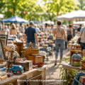 Besucher stöbern an einem sommerlichen Flohmarkt zwischen Ständen mit Büchern, Spielzeug, Dekorationsartikeln und Haushaltswaren. Das Motiv steht symbolisch für den Flohmarkt beim Zukunftsfest Schlabberkappes in Hüsten.