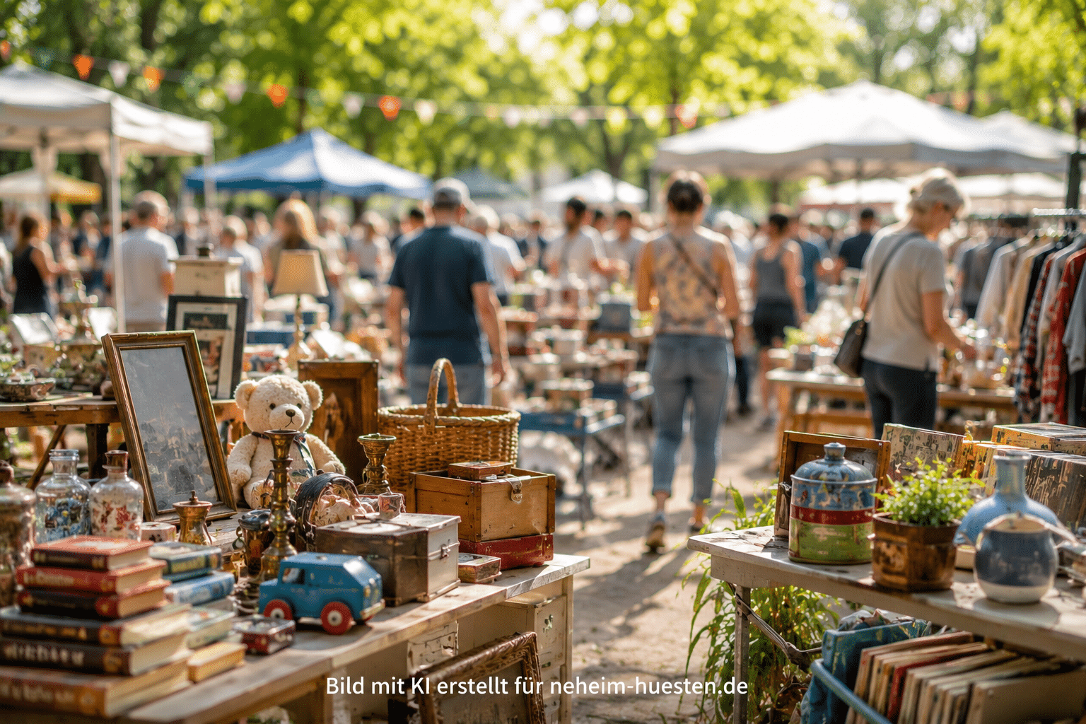 Besucher stöbern an einem sommerlichen Flohmarkt zwischen Ständen mit Büchern, Spielzeug, Dekorationsartikeln und Haushaltswaren. Das Motiv steht symbolisch für den Flohmarkt beim Zukunftsfest Schlabberkappes in Hüsten.