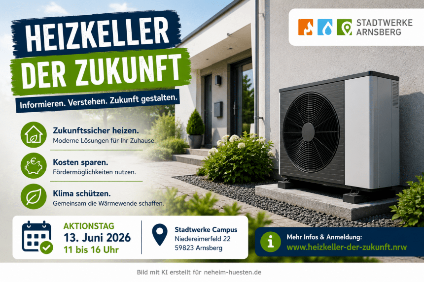 Artikelbild zur Veranstaltung „Heizkeller der Zukunft“ in Arnsberg mit Wärmepumpe vor einem Wohnhaus, Stadtwerke-Arnsberg-Bezug und Hinweisen zu klimafreundlichem Heizen.