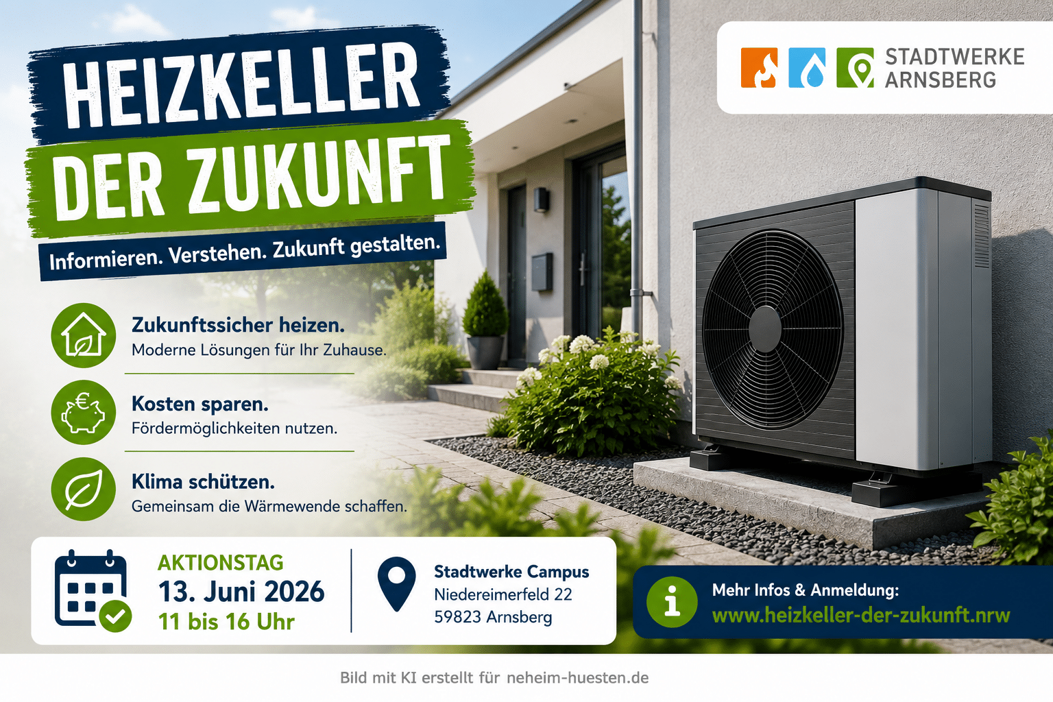 Artikelbild zur Veranstaltung „Heizkeller der Zukunft“ in Arnsberg mit Wärmepumpe vor einem Wohnhaus, Stadtwerke-Arnsberg-Bezug und Hinweisen zu klimafreundlichem Heizen.