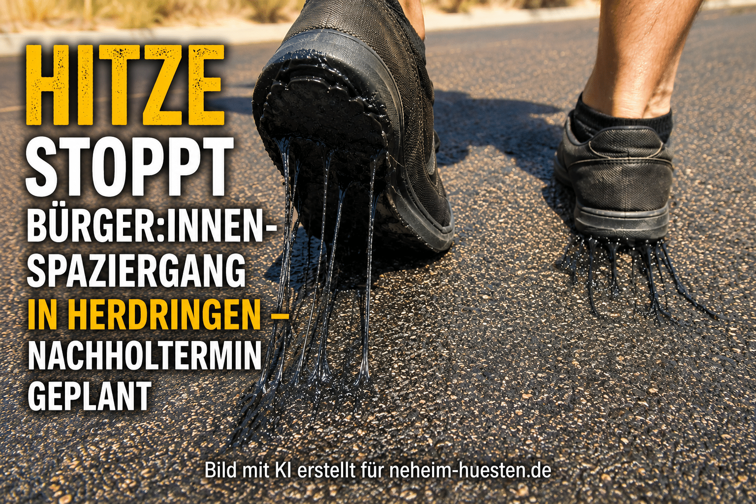 Symbolbild zu extremer Sommerhitze: Die angeschmolzenen Sohlen schwarzer Schuhe kleben auf heißem Asphalt. Im Bild steht der Hinweis auf den verschobenen Bürger:innenspaziergang in Herdringen mit geplantem Nachholtermin.