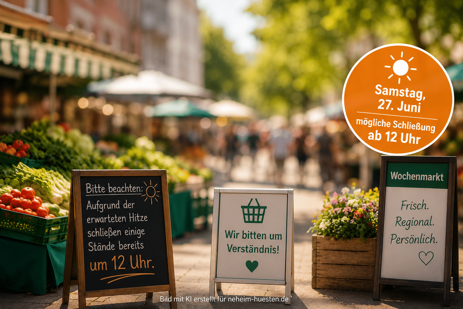Symbolbild zum Neheimer Wochenmarkt bei sommerlicher Hitze mit Hinweis auf mögliche frühere Schließung einiger Stände ab 12 Uhr.