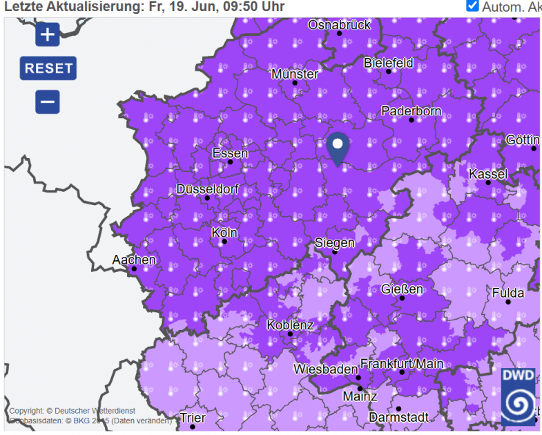 Screenshot: Deutscher Wetterdienst (DWD), Warnseite für Arnsberg. Quelle: DWD, Lizenz: CC BY 4.0.