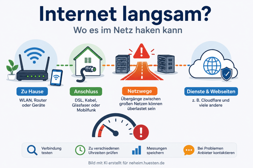 Schematische Infografik zu langsamem Internet mit möglichen Ursachen bei WLAN, Anschluss, Netzwegen und Online-Diensten.