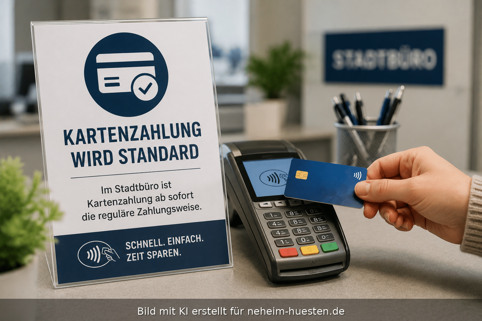 Symbolisches Artikelbild zur neuen Kartenzahlung im Stadtbüro mit Zahlungsterminal, kontaktloser Karte und Hinweis auf bargeldlose Zahlung