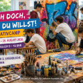 Kinder und Jugendliche gestalten gemeinsam Kunstwerke in einem kreativen Workshop mit Malerei, Graffiti und weiteren Kulturangeboten beim Kreativcamp in den Sommerferien in Arnsberg.