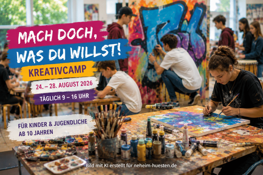 Kinder und Jugendliche gestalten gemeinsam Kunstwerke in einem kreativen Workshop mit Malerei, Graffiti und weiteren Kulturangeboten beim Kreativcamp in den Sommerferien in Arnsberg.
