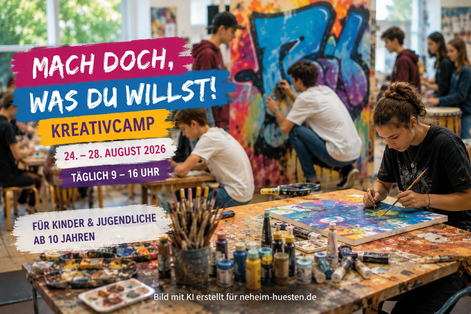 Kinder und Jugendliche gestalten gemeinsam Kunstwerke in einem kreativen Workshop mit Malerei, Graffiti und weiteren Kulturangeboten beim Kreativcamp in den Sommerferien in Arnsberg.