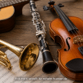 Symbolisches Artikelbild zum Musikschulfest in Arnsberg mit Trompete, Klarinette, Violine, Gitarre und Noten auf einem Holztisch