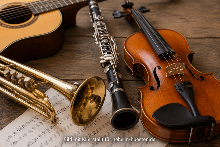 Symbolisches Artikelbild zum Musikschulfest in Arnsberg mit Trompete, Klarinette, Violine, Gitarre und Noten auf einem Holztisch