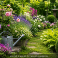Symbolisches Artikelbild zu den Offenen Gärten im Ruhrbogen mit blühendem Gartenweg, Rosen, Stauden und Gießkanne