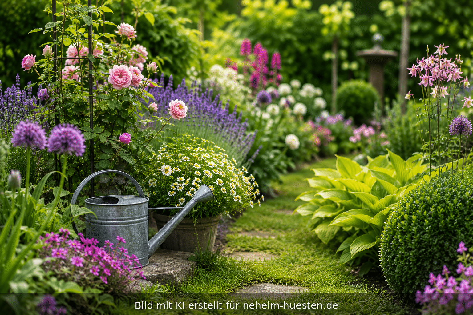 Symbolisches Artikelbild zu den Offenen Gärten im Ruhrbogen mit blühendem Gartenweg, Rosen, Stauden und Gießkanne