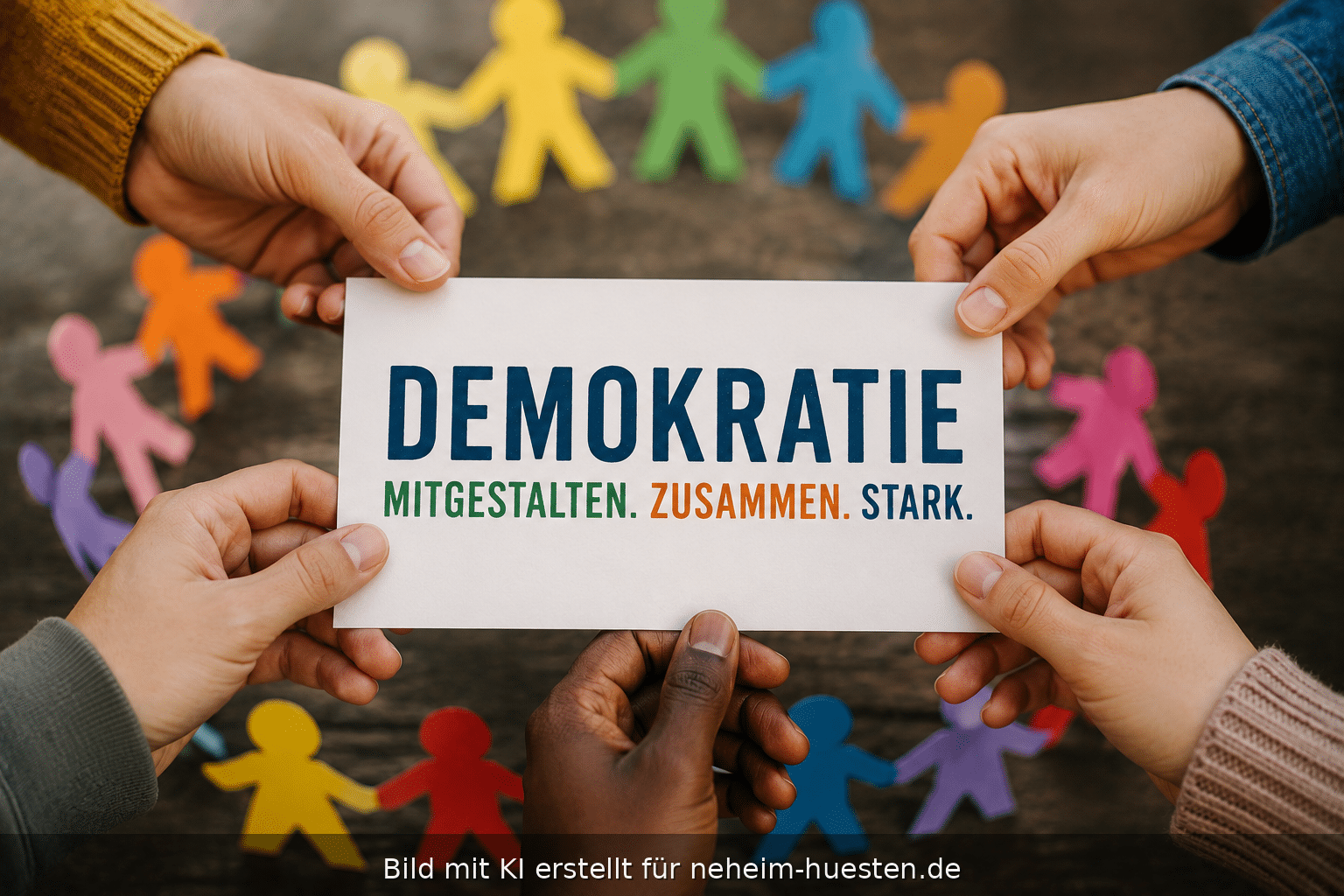 Symbolisches Artikelbild zum Preis für Demokratie in Arnsberg mit Händen, bunten Figuren und dem Begriff Demokratie als Zeichen für Zusammenhalt und Engagement