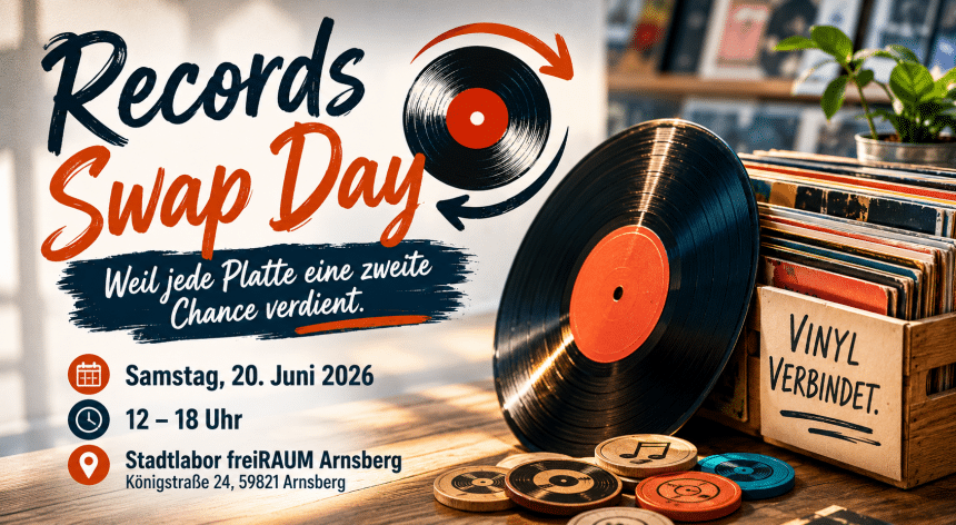 Grafisches Artikelbild zum Records Swap Day im Stadtlabor freiRAUM Arnsberg mit Schallplatten, Vinylkiste und Veranstaltungsdaten