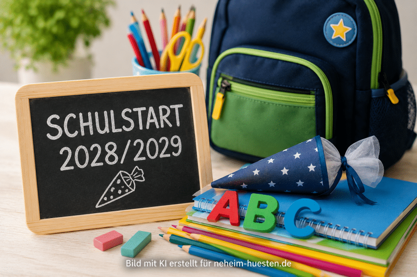 Symbolisches Artikelbild zu Infoabenden der Stadt Arnsberg zum Schulstart 2028/2029 mit Schultafel, Schulranzen, Stiften, ABC-Buchstaben und Schultüt