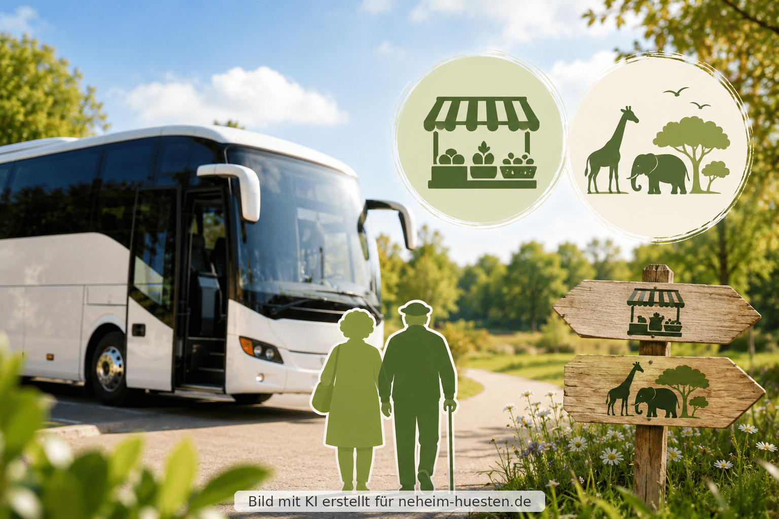 Symbolbild zur Seniorentagesfahrt nach Münster mit Reisebus sowie Hinweisen auf Wochenmarkt und Zoo