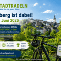Fahrrad vor der Altstadt von Arnsberg mit STADTRADELN-Hinweisen zur Aktion vom 1. bis 21. Juni 2026.