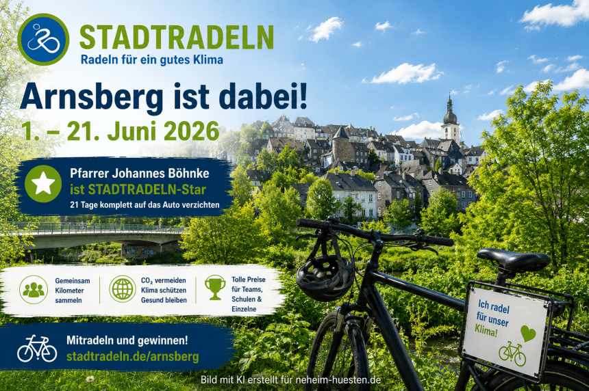 Fahrrad vor der Altstadt von Arnsberg mit STADTRADELN-Hinweisen zur Aktion vom 1. bis 21. Juni 2026.