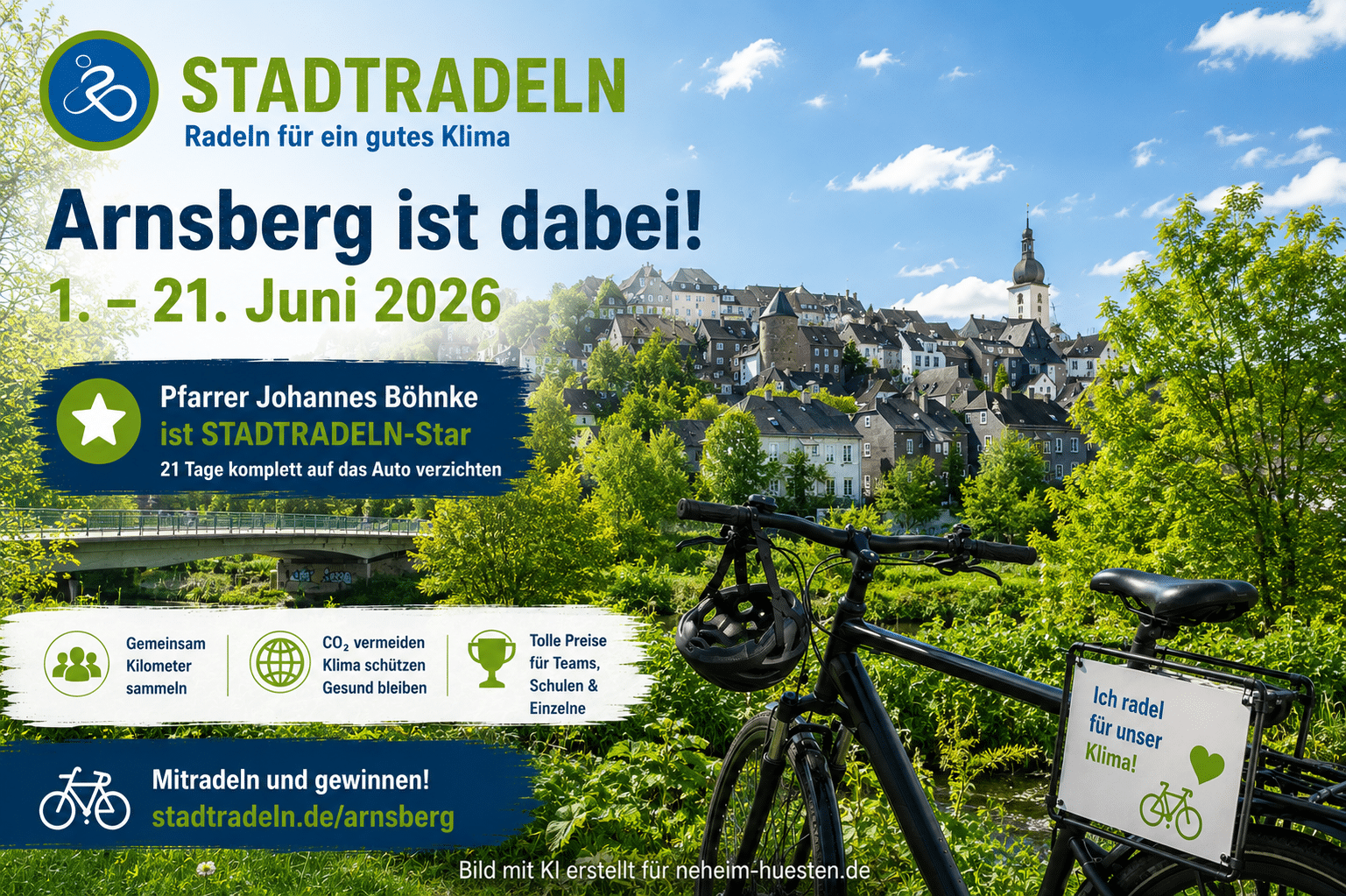 Fahrrad vor der Altstadt von Arnsberg mit STADTRADELN-Hinweisen zur Aktion vom 1. bis 21. Juni 2026.