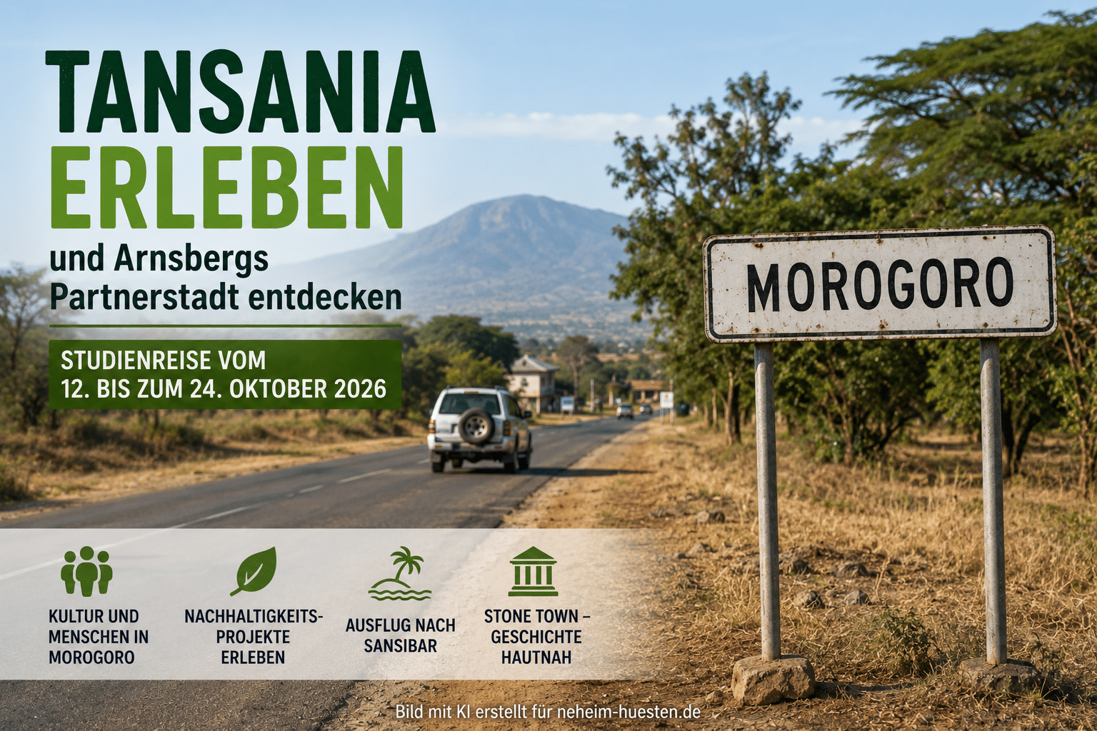 Symbolbild zur Tansania-Studienreise der vhs Arnsberg/Sundern: Eine Straße führt durch eine trockene Landschaft mit Bäumen, im Vordergrund steht ein Hinweisschild „Morogoro“. Der Text weist auf die Reise vom 12. bis 24. Oktober 2026 und Arnsbergs Partnerstadt Morogoro hin.