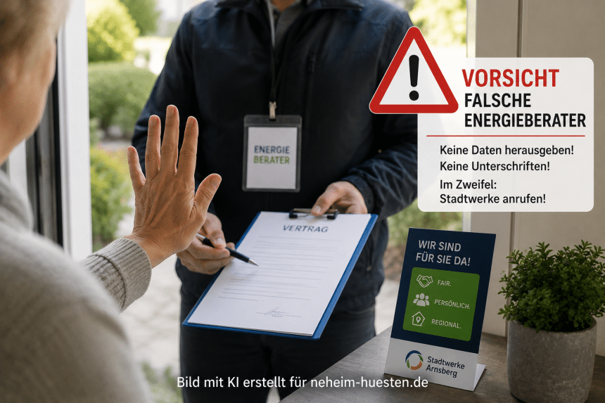 Symbolisches Warnbild zu falschen Energieberatern an der Haustür mit Stop-Geste und neutralem Warnsymbol