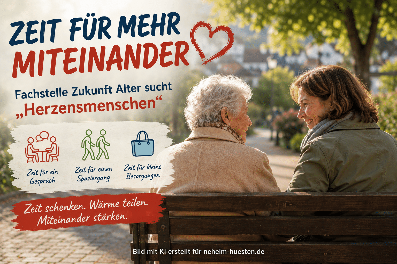Zwei Frauen sitzen freundlich miteinander auf einer Parkbank. Das Artikelbild bewirbt das Projekt „Herzensmenschen“ der Fachstelle Zukunft Alter in Arnsberg und zeigt Zeit für Gespräch, Spaziergang und kleine Besorgungen.
