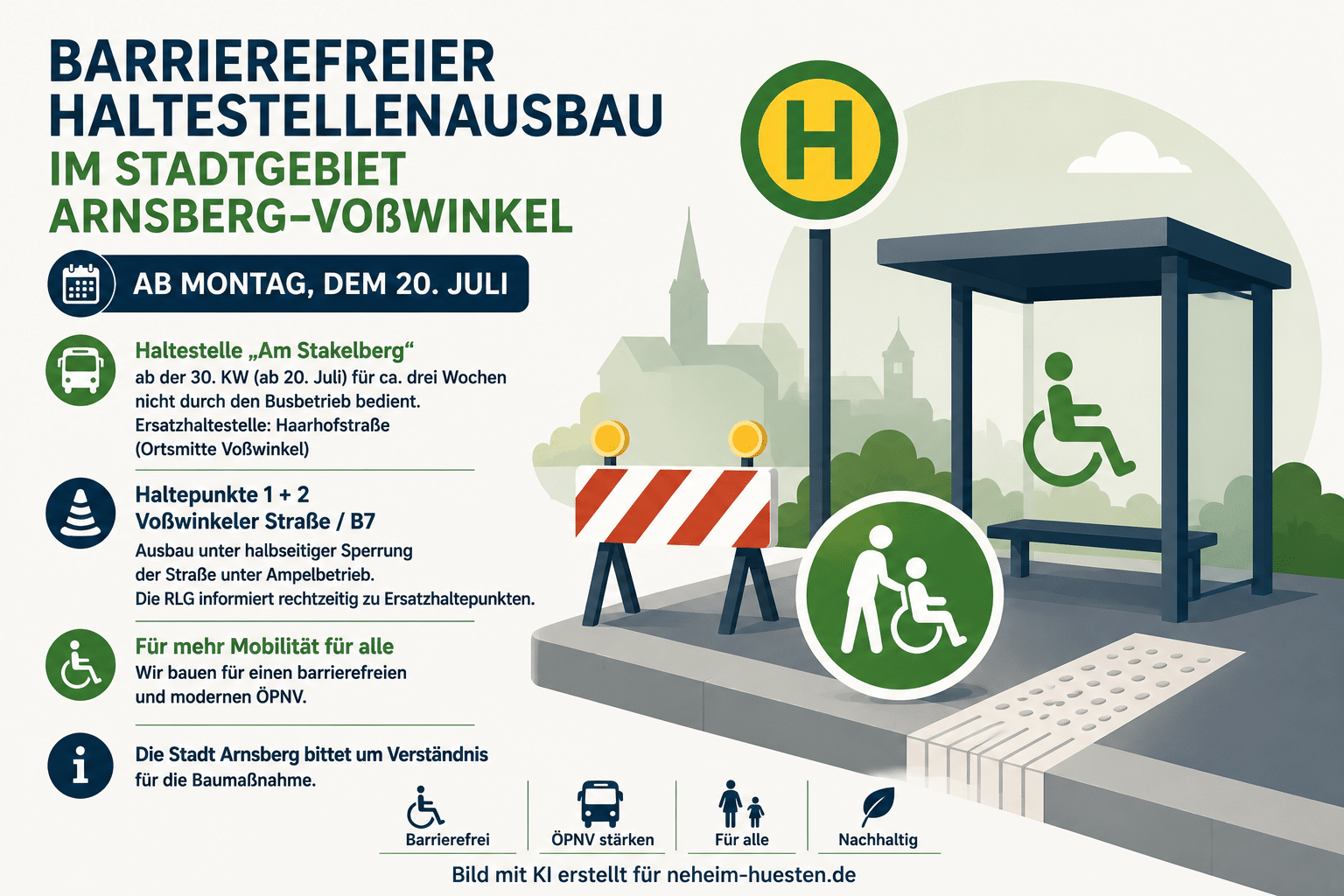 Baustelle an einer Bushaltestelle mit Absperrungen, taktilem Leitsystem und Bauarbeiter. Das Artikelbild informiert über den barrierefreien Ausbau von Haltestellen in Arnsberg-Voßwinkel.
