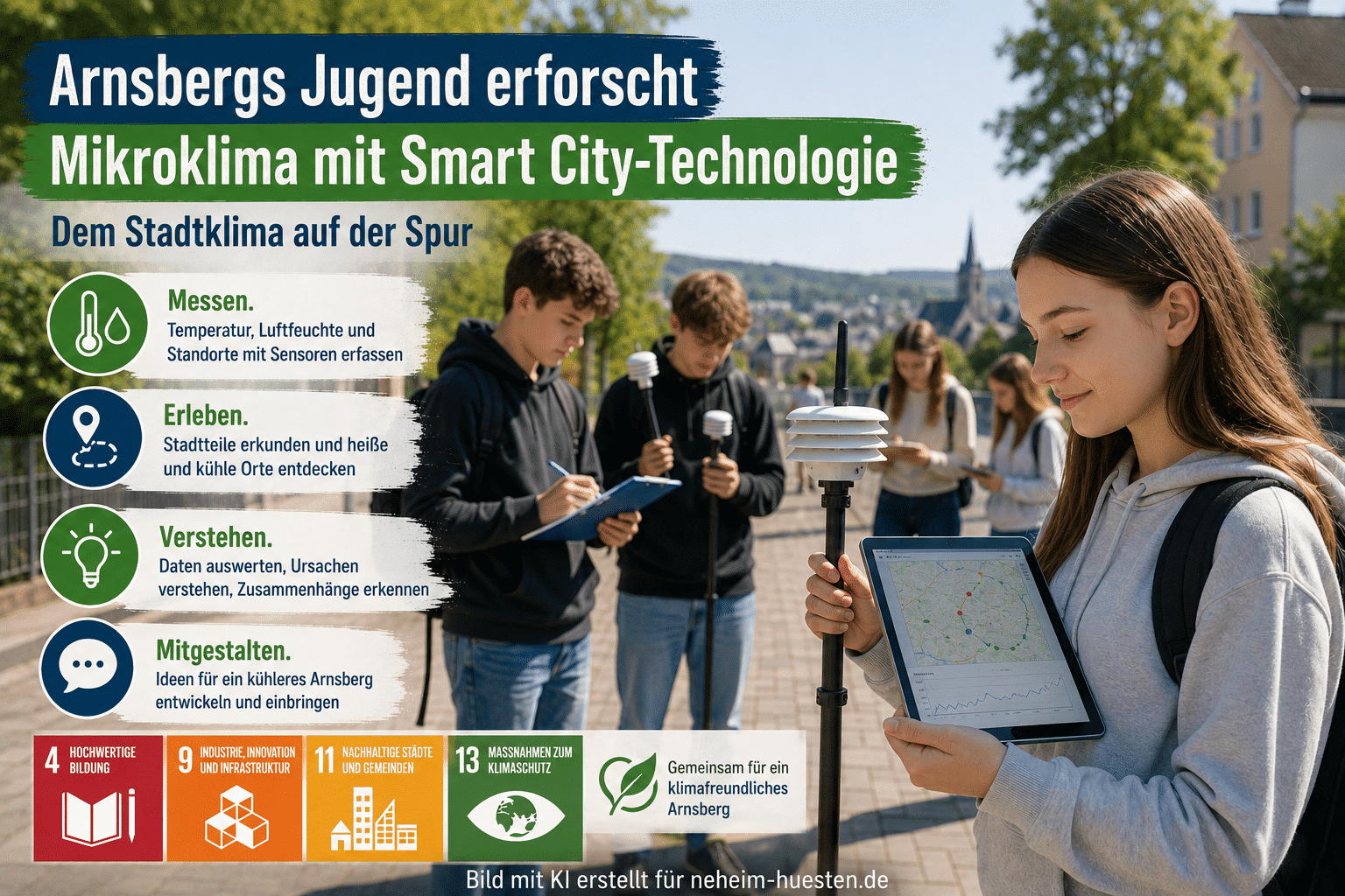 Jugendliche messen mit mobilen Sensoren Temperatur und Luftfeuchtigkeit und werten die Daten zum Stadtklima in Arnsberg auf einem Tablet aus.