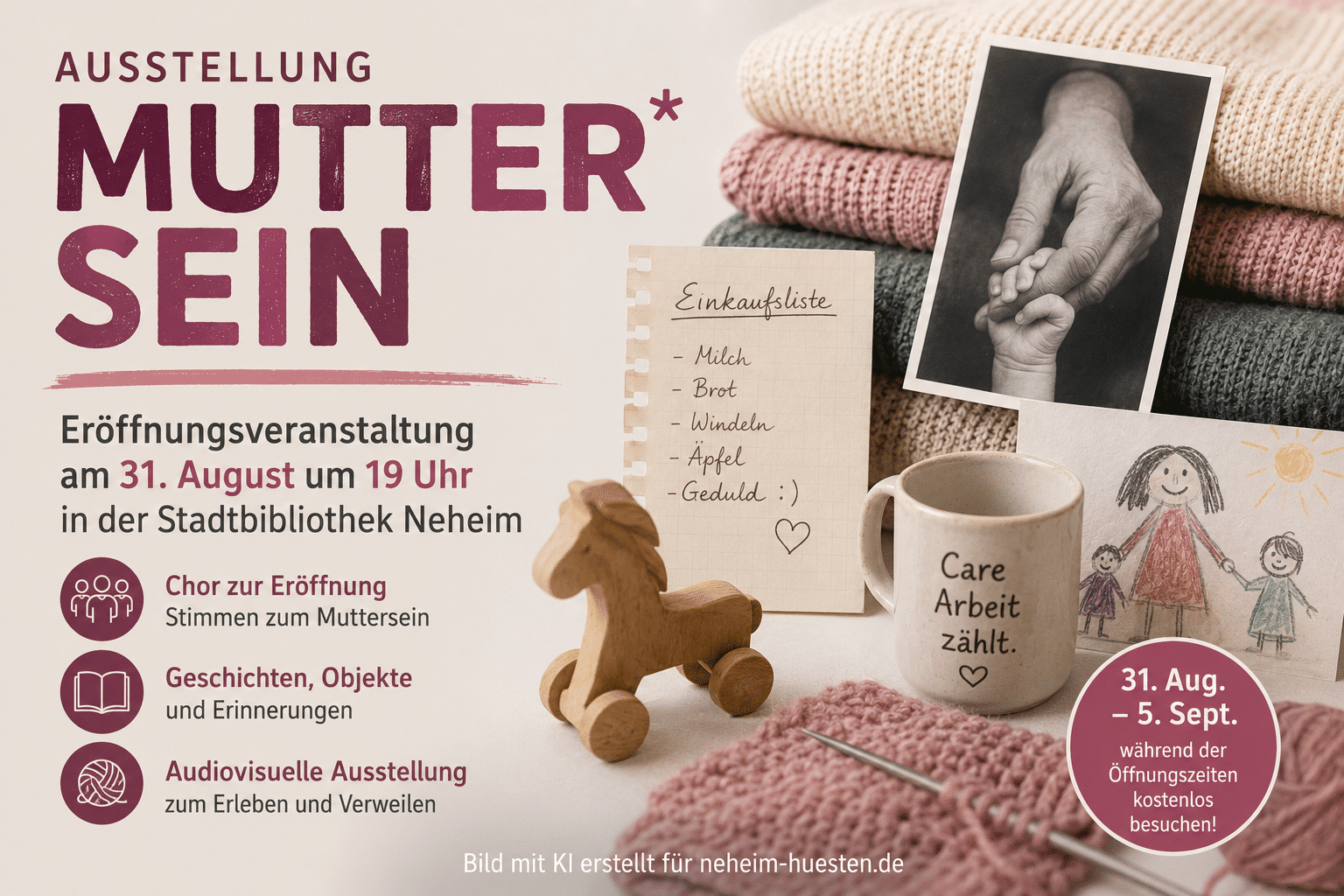 Symbolisches Artikelbild zur Ausstellung „Muttersein“ in der Stadtbibliothek Neheim mit Alltagsgegenständen, Textilien, Kinderzeichnung und Erinnerungsstücken.