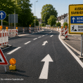 Frisch asphaltierte Straße mit neuen Fahrbahnmarkierungen, Baustellenabsperrungen und Hinweisschild zum Ausbau der Bahnhofstraße in Hüsten
